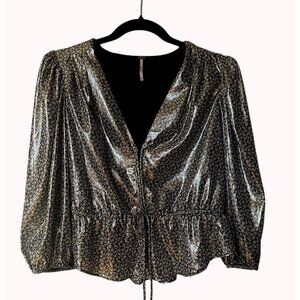 Free People XS Talk‎ That Talk Metallic Silver Floral Puff Sleeve Ruffle Top